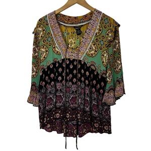 Millenium Boho Top Womens Medium Festival Colorful Artsy Ruffle 3/4 Bell Sleeve